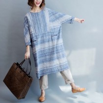 棉麻藍白線條七分袖洋裝