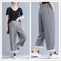 夏季方格棉麻寬褲