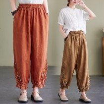 小花刺繡棉麻寬褲