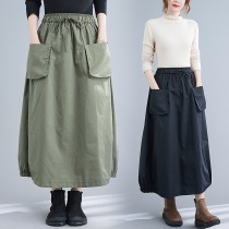 鬆緊腰素色口袋半身裙